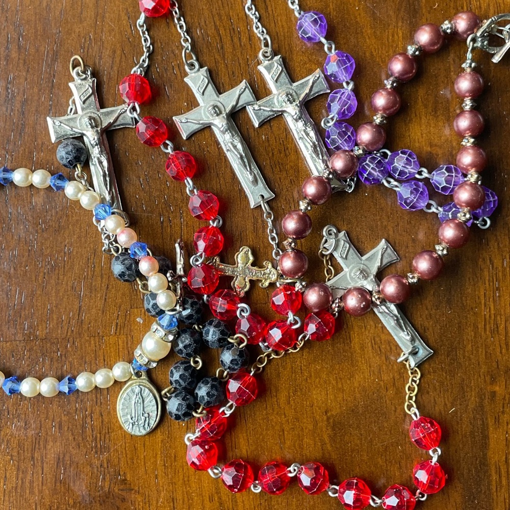 Six Colorful Rosary Beads and free necklace / Pin